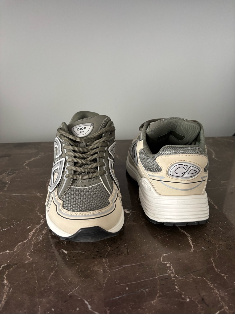 Dior Women’s Olive Green and Cream Mesh Leather Sneakers